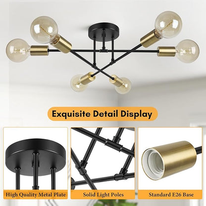 Modern Sputnik Chandelier, 6-Light Farmhouse Semi Flush Mount Ceiling Light Fixtures, Industrial Chandeliers for Dining Room Kitchen Bedroom Living Room Hall Foyer Entryway (Black and Gold) - E26 Base
