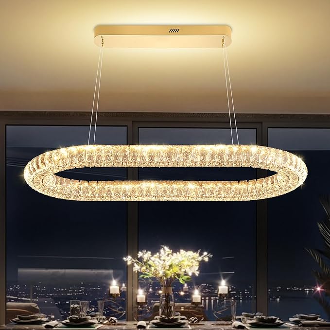 Crystal Ring Chandelierfor Living Room, 40'' Gold Ring Pendant Light for Kitchen Island Modern Dimmable Linear Oval Chandeliers for Dining Room