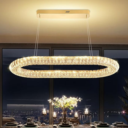 Crystal Ring Chandelierfor Living Room, 40'' Gold Ring Pendant Light for Kitchen Island Modern Dimmable Linear Oval Chandeliers for Dining Room