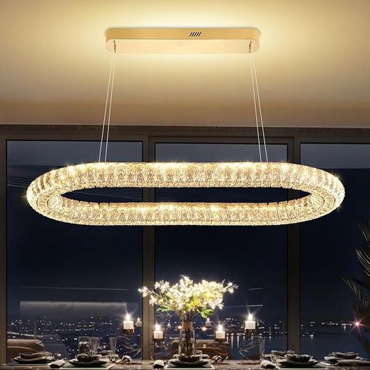 Crystal Ring Chandelierfor Living Room, 40'' Gold Ring Pendant Light for Kitchen Island Modern Dimmable Linear Oval Chandeliers for Dining Room