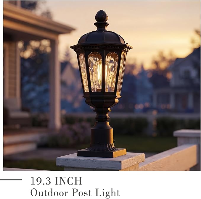 Emliviar 19.3 Inch Lamp Post Light Fixture, Matte Black Pillar Outdoor Lantern for Garden and Patio, E26 Base, Water Ripple Glass, XE304P-M BK-SW
