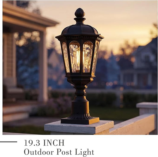 Emliviar 19.3 Inch Lamp Post Light Fixture, Matte Black Pillar Outdoor Lantern for Garden and Patio, E26 Base, Water Ripple Glass, XE304P-M BK-SW