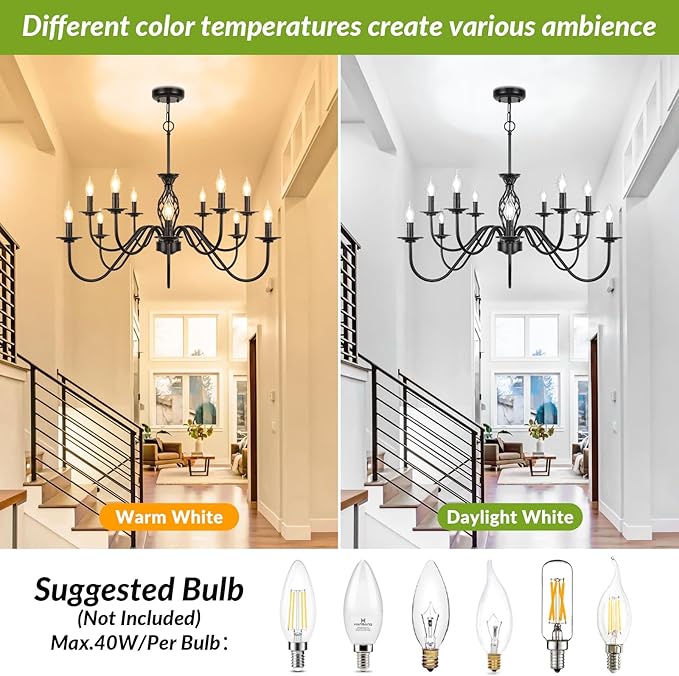 12-Light Farmhouse Candle Chandelier for Living Room, Rustic Industrial Pendant Ceiling Light fixture, Vintage Hanging Lamp for Bedroom Hallway Kitchen Dining Room Foyer, Matte Black E12 Socket