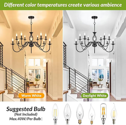 12-Light Farmhouse Candle Chandelier for Living Room, Rustic Industrial Pendant Ceiling Light fixture, Vintage Hanging Lamp for Bedroom Hallway Kitchen Dining Room Foyer, Matte Black E12 Socket