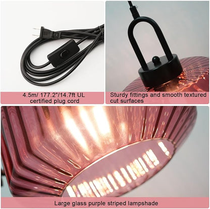 Hanging Pendant Light Plug in Vintage Plug in Hanging Light Fixture with 14.7 ft Cord Purple Striped Glass Shade Pendant Light Plug in Glass for Dining Room Farmhouse Kitchen Island
