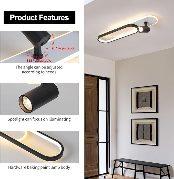 31.4Inch Modern Ceiling Light, LED Linear Ceiling Lamp with 1 Spotlight, 40W Remote Dimmable 3000K / 4500K / 6000K Black Long Flush Mount Light Fixture for Kitchen Dining Living Room Bedroom