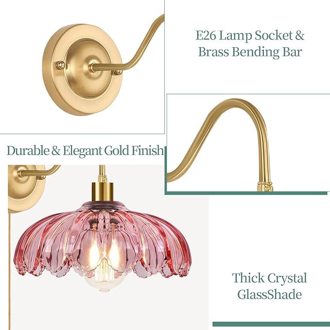 ZECOXOL Vintage Plug in Wall Sconces Set of Two, Glass Wall Sconces Lamps with Flower Lampshade & Dimmable Plug in Cord, Dimmable Sconces Wall Decor Set of 2 Plug in Wall Lights Sconces for Bedroom