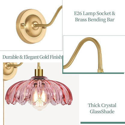 ZECOXOL Vintage Plug in Wall Sconces Set of Two, Glass Wall Sconces Lamps with Flower Lampshade & Dimmable Plug in Cord, Dimmable Sconces Wall Decor Set of 2 Plug in Wall Lights Sconces for Bedroom