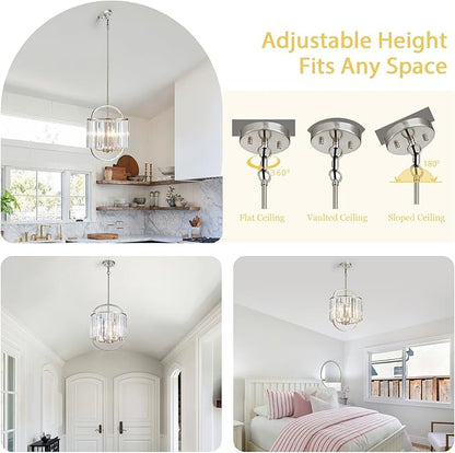 4-Light Brushed Nickel Crystal Chandelier Mini Pendant Lighting 12.8" Crystal Lamp for Closet Bedroom Foyer Dining Room Hanging Ceiling Light Fixture