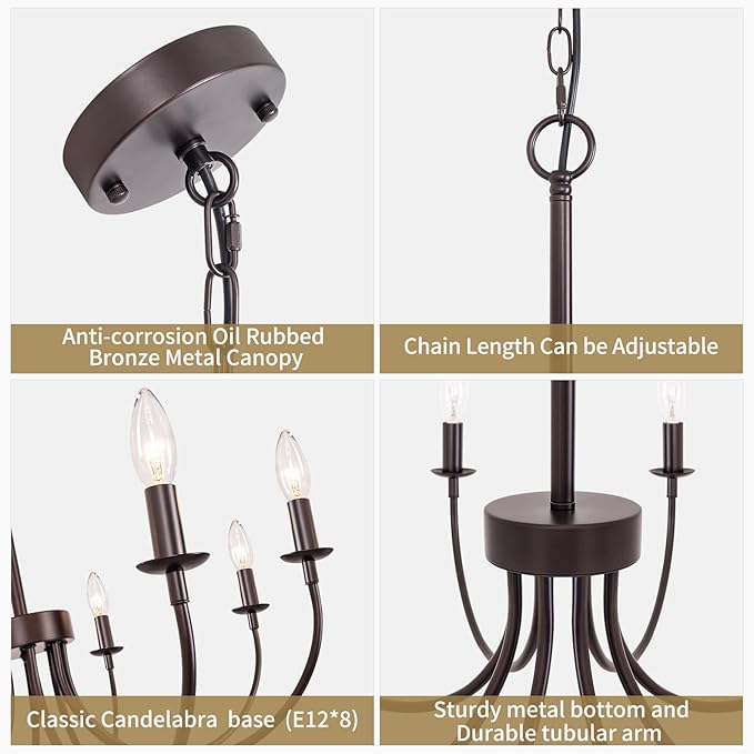 8-Light Farmhouse Chandelier for Dining Room Lighting Fixtures Hanging, Oil Rubbed Bronze Candle Chandelier Rustic Industrial Modern Chandelier for Living Room, Bedroom, Foyer