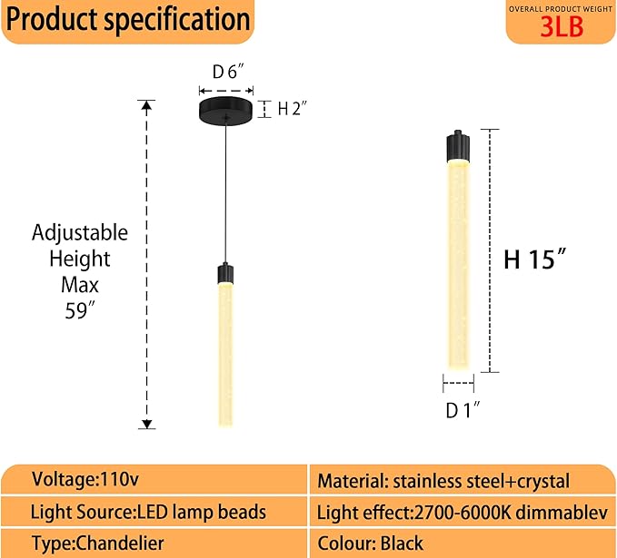 Modern Mini Crystal Pendant Light for Kitchen Island Dimmable LED Adjustable Crystal Column Chandelier Lighting Hanging Pendant Lighting 1 Light Black