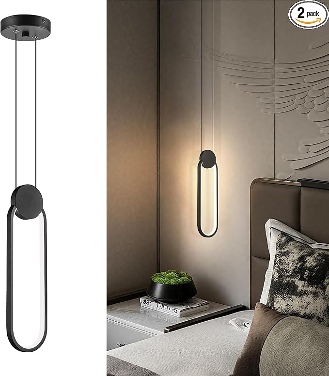 Modern Pendant Lights 2 Pack, Black LED Pendant Light 4000K Bright White Adjustable Height Oval Pendant Light Fixtures for Bedroom Bathroom Kitchen Island