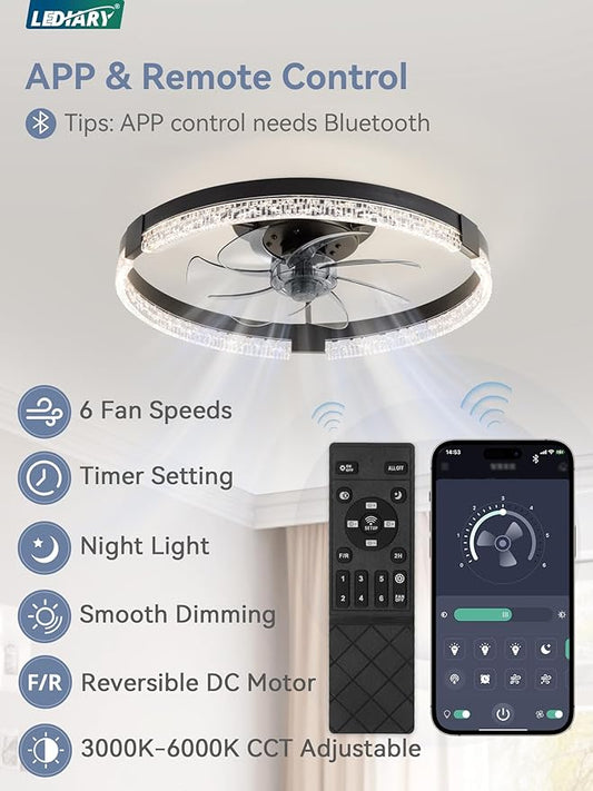 LEDIARY Flush Mount Ceiling Fan with Lights and Remote, 19.7'' Low Profile, 3000-6000K Dimmable Fandelier, 6 Wind Speeds, Black Modern LED Fan Light for Bedroom