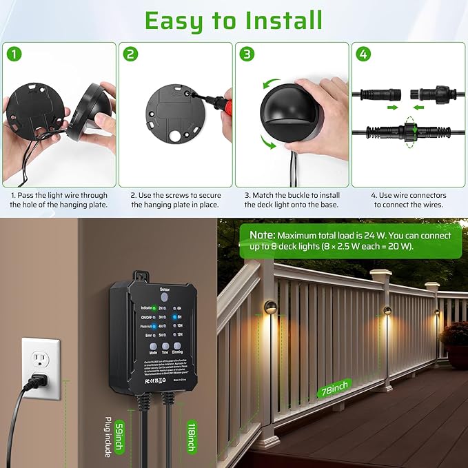 8 Pack Low Voltage LED Deck Lights Kit with Plug-in Transformer, Dusk-to-Dawn Photocell Sensor and Timer, IP67 Waterproof 3000K Outdoor Step Stair Lights for Deck, Patio, Fence and Landscape Lighting