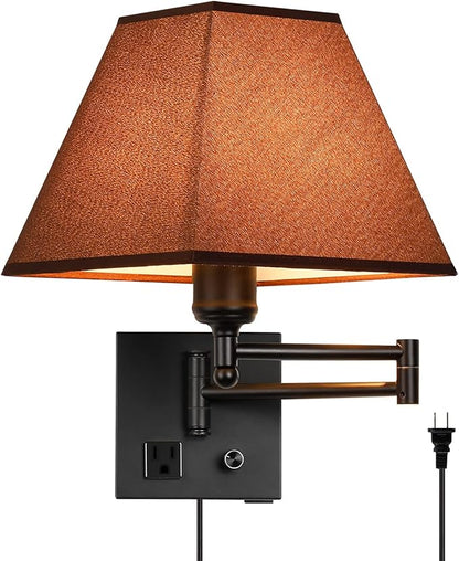 Swing Arm Wall Lamp.Plug in Wall Sconces with USB Port and AC Outlet.Sconces Wall Lighting Coffee Fabric Shade with Dimmable Switch for Hallway Bedroom Living Room.Black Finish.