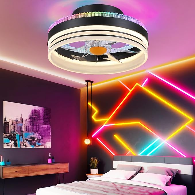 Mpayel RGB Ceiling Fans with Lights, 13" Low Profile Ceiling Fan with Light and Remote, 3000-6000K Dimmable Modern Black Flush Mount LED Fan Light for Bedroom, Living Room, Kitchen