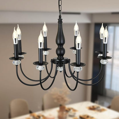 Black Chandelier, 8-Light Farmhouse Candle Chandelier for Living Room, Rustic Industrial Pendant Chandeliers for Dining Room, Vintage Crystal Hanging Light fixture for Hallway Kitchen Foyer E12