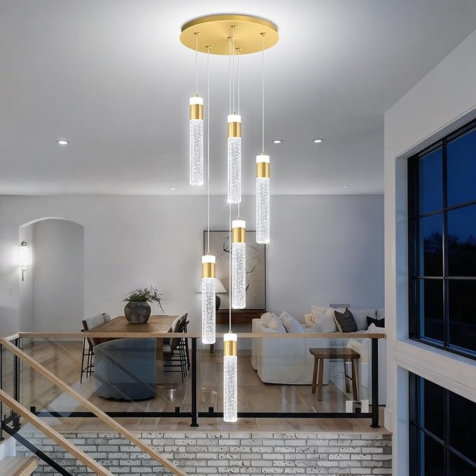 6-Light Gold Long Crystal Column Chandelier for High Ceiling Modern LED Crystal Raindrop Chandeliers for Living Room Foyer Chandelier Lighting, Dimmable 3000k-6000K