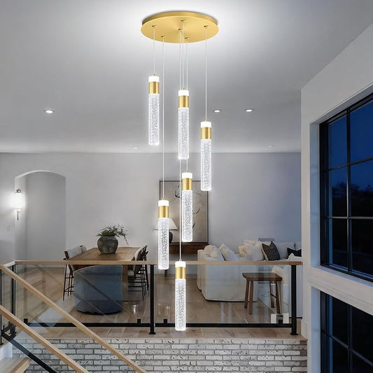 6-Light Gold Long Crystal Column Chandelier for High Ceiling Modern LED Crystal Raindrop Chandeliers for Living Room Foyer Chandelier Lighting, Dimmable 3000k-6000K