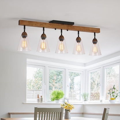 5-Light Large Rustic Farmhouse Wood Flush Mount Ceiling Light Fixture Clear Seeded Glass Shade and Oak Wood Track Semi Flush Mount Ceiling Light for Kitchen Living Room Bedroom Indoor, Black