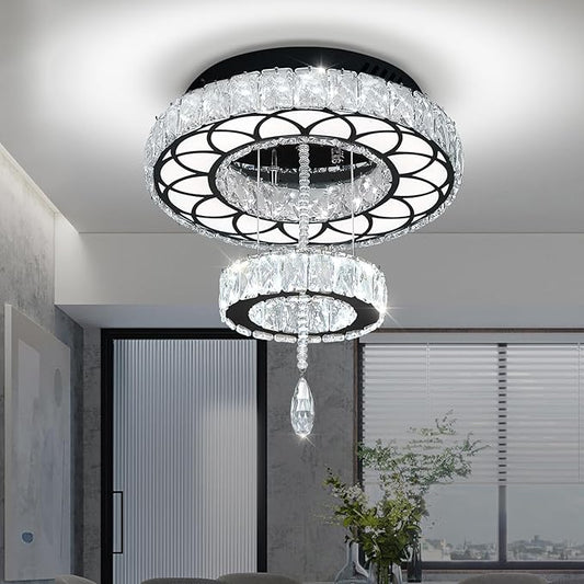 Flashing God Dia 12" Crystal Mini Chandelier Crystal Black Ceiling Light Fixtures LED Flush Mount Ceiling Light for Living Room Bedrooms Dining Room Dimmable 2700k 4500k 6000k