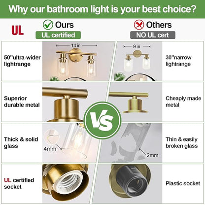 Zarbitta 2-Light Bathroom Light Fixtures, Brushed Gold Vanity Light, Modern Vanity Lights with Clear Glass Shade, Bathroom Wall Lamp for Mirror Kitchen Living Room Hallway Cabinet Porch