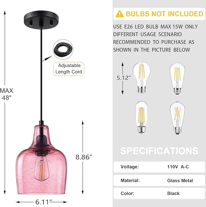 3 Pack 1 Light Hanging Indoor Kitchen Island Pendant Light 6.1" Seeded Pink Glass Pendant Ceiling Light Fixtures Black Finish Modern Farmhouse Dinning Over Sink