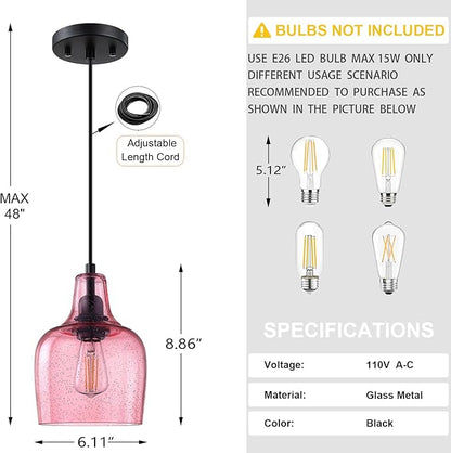 3 Pack 1 Light Hanging Indoor Kitchen Island Pendant Light 6.1" Seeded Pink Glass Pendant Ceiling Light Fixtures Black Finish Modern Farmhouse Dinning Over Sink