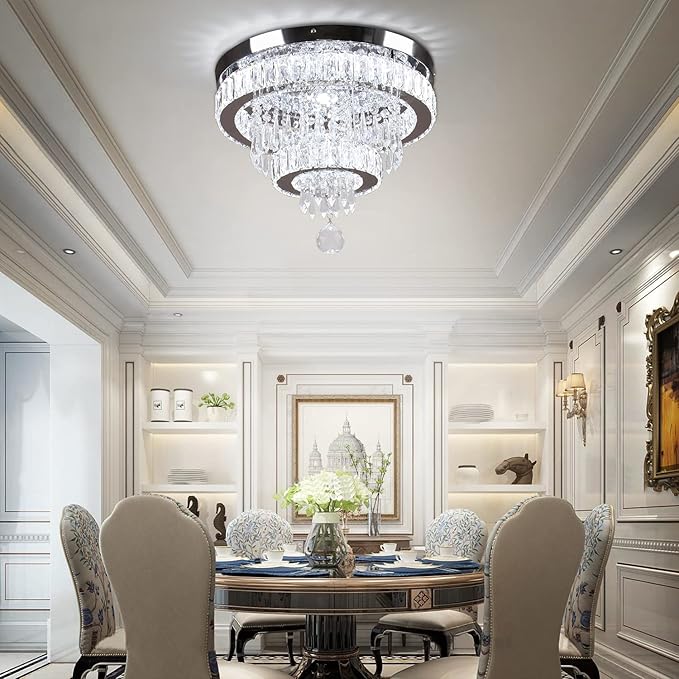 Finktonglan 15.7" Crystal Semi Flush Mount Ceiling Light, 2-Ring LED Crystal Chandelier, Cool White 6500K, Non-Dimmable, Built-in LED for Bedroom Hallway Entryway Dining Room