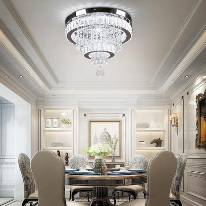 Finktonglan 15.7" Crystal Semi Flush Mount Ceiling Light, 2-Ring LED Crystal Chandelier, Cool White 6500K, Non-Dimmable, Built-in LED for Bedroom Hallway Entryway Dining Room
