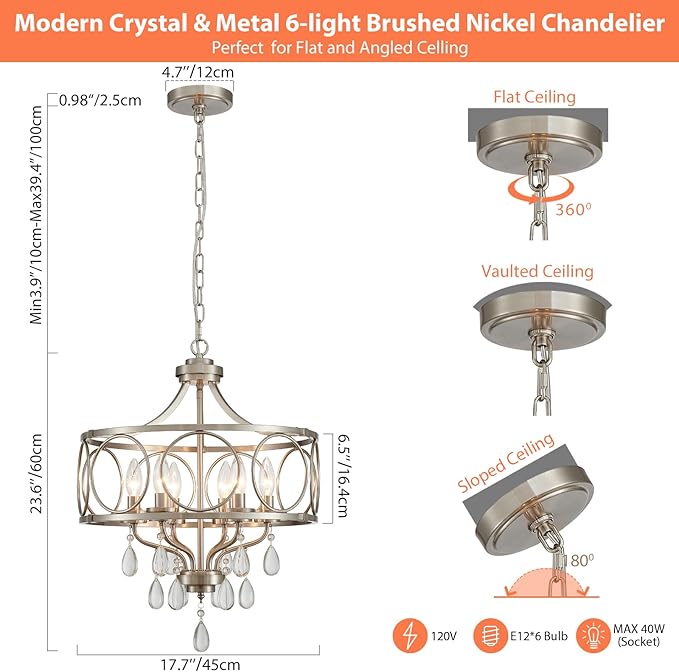 Crystal Chandeliers for Dining Room,17.7" Brushed Nickel 6 Lights Hanging Pendant Lighting Fixture Metal Farmhouse Chandelier for Kitchen Island Entryway Living Room
