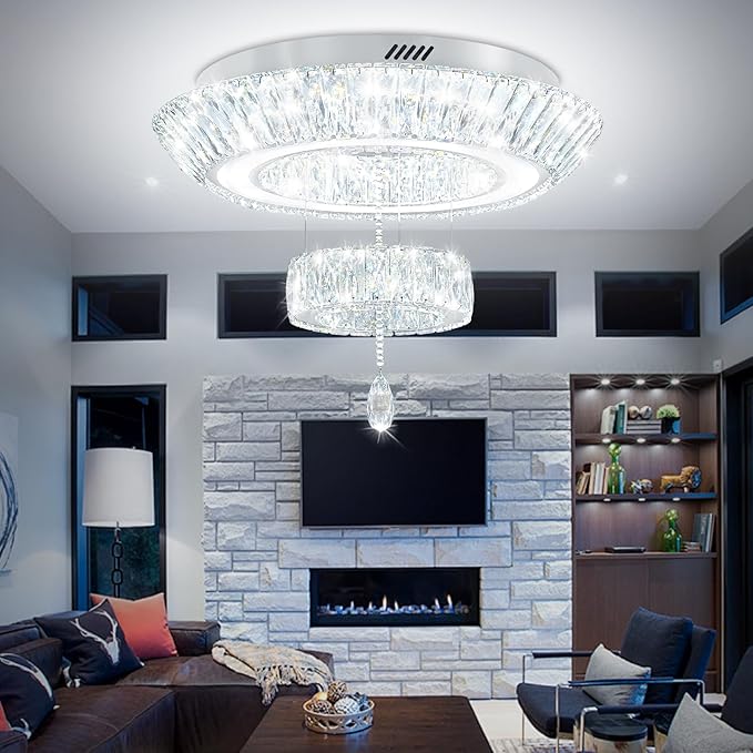 24inch Led Ring Crystal Chandelier,Modern Luxury Crystal Chandelier for Dining Living Room 2-Tier Crystal Raindrop Chandeliers Lighting Dimmable LED 3000-6000K