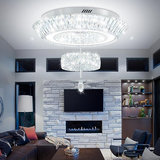 24inch Led Ring Crystal Chandelier,Modern Luxury Crystal Chandelier for Dining Living Room 2-Tier Crystal Raindrop Chandeliers Lighting Dimmable LED 3000-6000K