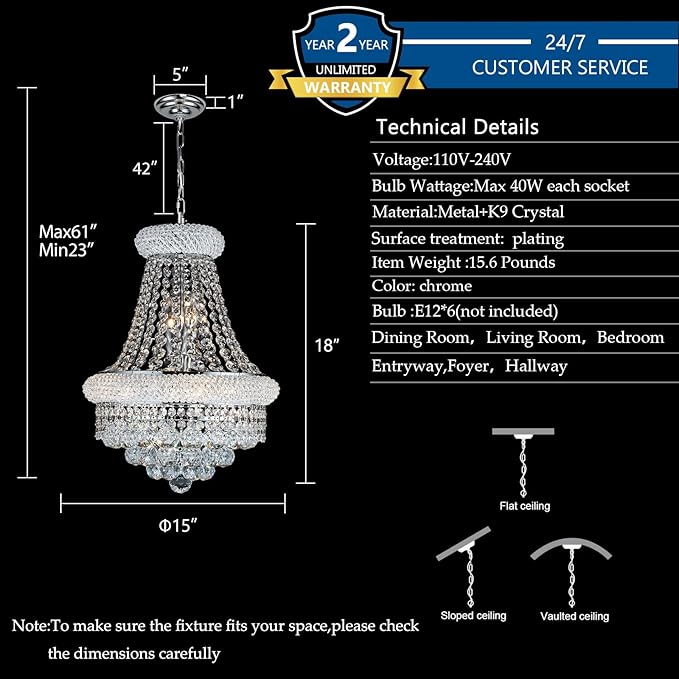 Crystal Chandeliers for Dining Room Light Fixtures Over Table, Empire Style K9 Crystal Chandelier for Living Room, 6 Lights Chrome Luxury Lighting Fixtures for Bedroom Kitchen Island Entryway D15 Inch