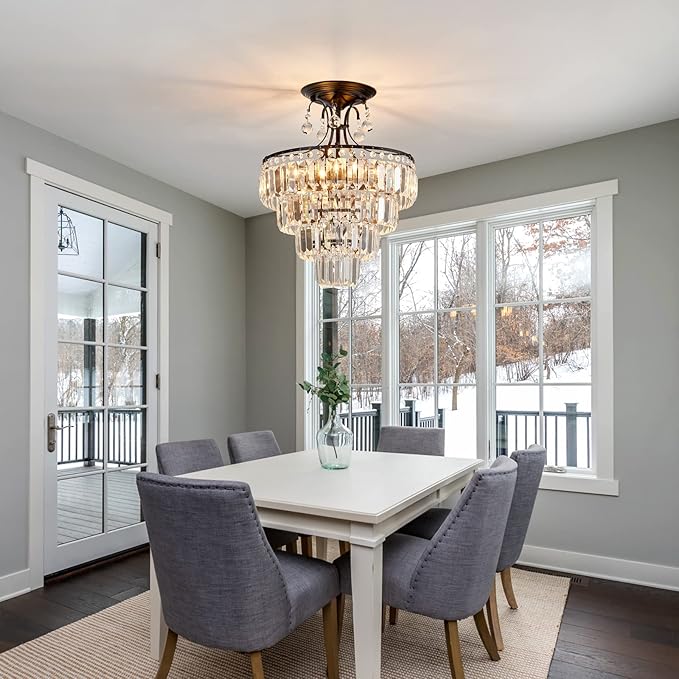 CVKASH 5 -Lights Crystal Round Chandelier Antique Modern Black Semi Flush Mount Ceiling Light Fixture Ceiling Lighting for Living Room Dining Room Bedroom Entryway Foyer Bathroom with E12