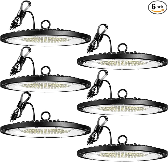 Amico UFO LED High Bay Light 150W 21000lm 5000K High Bay LED Shop Lights for Workshop Warehouse Barn with UL Listed US Hook 5' Cable Alternative to 650W MH/HPS for Commercial Lighting Fixture - 6 Pack