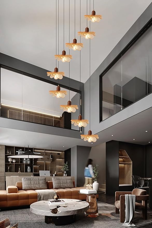 9-Light Amber Glass Chandelier for High Ceilings, Modern Long Flush Mount Lighting Fixture for Spiral Staircase, Foyer, Entryway, Living Room, Stairwell Hanging Chandelier