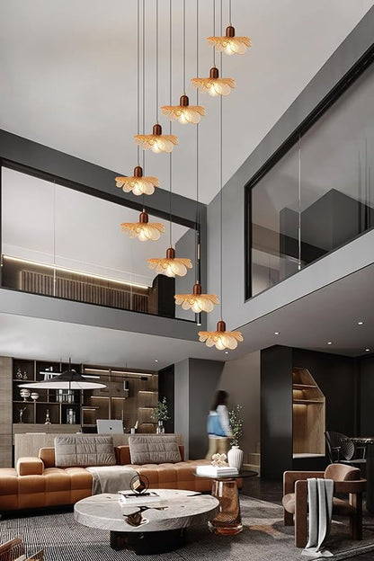9-Light Amber Glass Chandelier for High Ceilings, Modern Long Flush Mount Lighting Fixture for Spiral Staircase, Foyer, Entryway, Living Room, Stairwell Hanging Chandelier