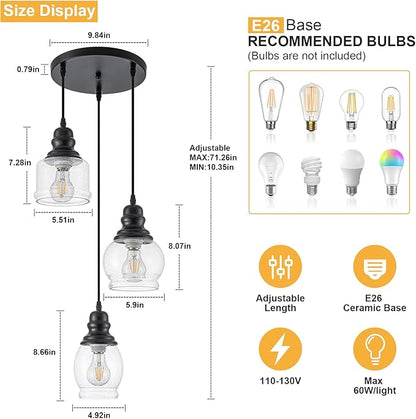 WILON Pendant Light Fixtures, 3 Light Pendant Lighting for Kitchen Island Industrial Hanging Pendant Lighting with Seeded Glass Shade, Black Glass Pendant Light for Dining Room Kitchen Island