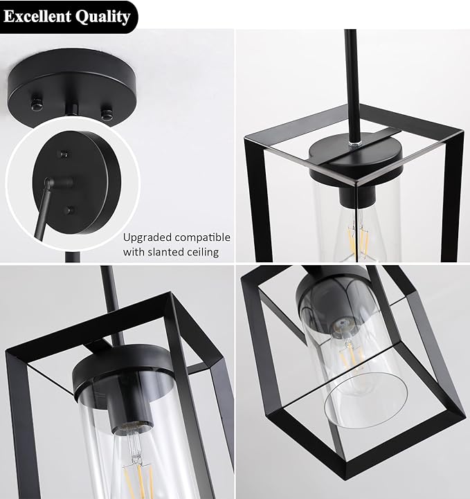2 Pack Farmhouse Black Kitchen Island Pendant Light Fixtures,Height Adjustable Metal Rod Hanging Modern Pendant Lighting with Metal Cage and Clear Glass Shade for Entryway Bedroom