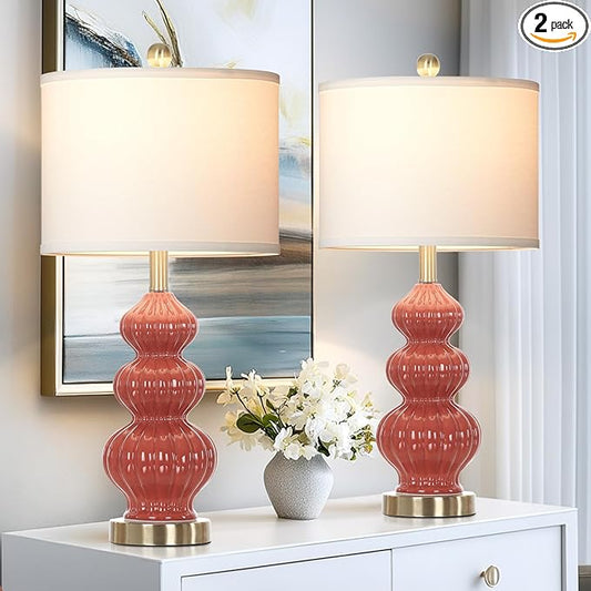 26" Triple Gourd Ceramic Table Lamps Set of 2,Modern Orange Bedside Lamps USB A+C Ports & AC Outlet -Ceramic Nightstand Lamps for Bedroom, 3 Way Touch Control Contemporary Living Room End Tables