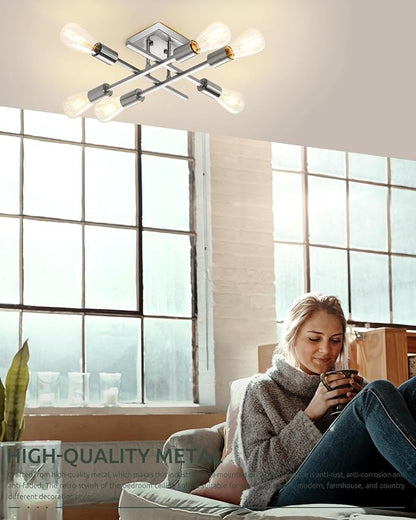 6-Light Semi Flush Mount Ceiling Light Fixture, Industrial Brushed Nickel Close to Ceiling Lighting, Modern E26 Base Sputnik Chandelier Ceiling Lamp for Bedroom Living Room Hallway, 2 Pack