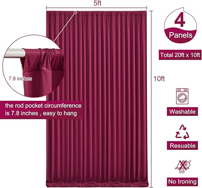 20ft x 10ft Burgundy Backdrop Curtain for Parties Wedding Maroon Wrinkle Free Backdrop Drapes Panels for Birthday Party Bridal Shower Photo Photography Polyester Fabric Background Decoration