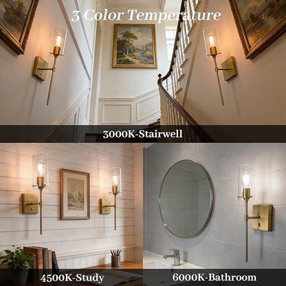 Dimmable 3 Colors Gold Battery Operated Wall Sconce Set of Two, Rechargeable Wireless Remote Control Wall Lamp Not Hardwired, Cordless Brass Wall Light for Living Room Bedroom Bathroom