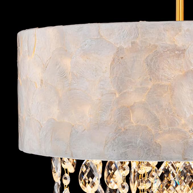 LumFurn 4-Light Drum Capiz Shell Crystal Chandeliers, Coastal Style Pendant Light Fixture for Dining Room, Living Room, D18 x 21~68"(Adjustable), Shell Lampshade & Gold Finish