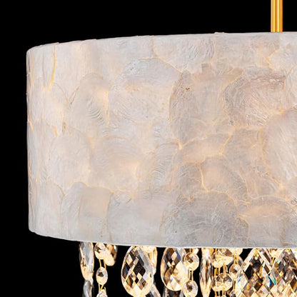 LumFurn 4-Light Drum Capiz Shell Crystal Chandeliers, Coastal Style Pendant Light Fixture for Dining Room, Living Room, D18 x 21~68"(Adjustable), Shell Lampshade & Gold Finish
