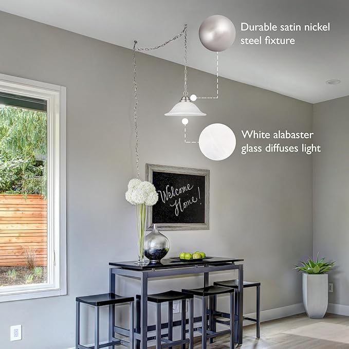 Design House Millbridge 1-Light Pendant Light, Satin Nickel Finish, Alabaster Glass Shade, Dimmable, Hardwired or Plug-in, for Kitchen, Dining Room, Entryway – Design House, 517565