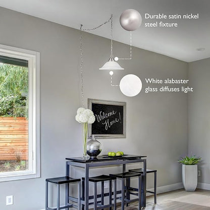 Design House Millbridge 1-Light Pendant Light, Satin Nickel Finish, Alabaster Glass Shade, Dimmable, Hardwired or Plug-in, for Kitchen, Dining Room, Entryway – Design House, 517565