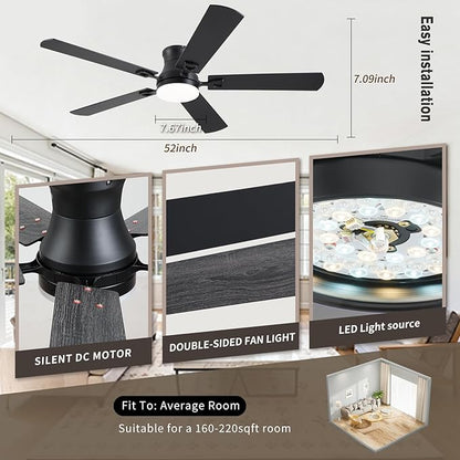 KNUN Ceiling Fans with Lights,52 Inch Low Profile Ceiling Fan with Light and Remote Control,Flush Mount,6 Speeds DC Reversible Motor, 3CCT Dimmable, Noiseless Black Ceiling Fan for Living Room,Patio