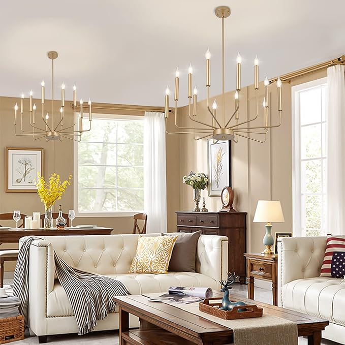 WOKNOS Modern Gold Farmhouse Chandeliers, 12-Light Industrial Metal Chandelier Lighting, Classic Candle Hanging Pendant Light Fixtures for Kitchen, Dining Room, Living Room, Entryway